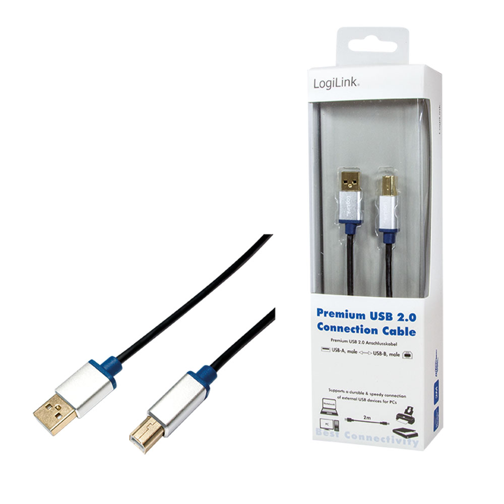 USB kabl i adapter LogiLink LogiLink USB 2.0 cable, USB-A M to USB-B M, alu, black blue, 2 m, BUAB220